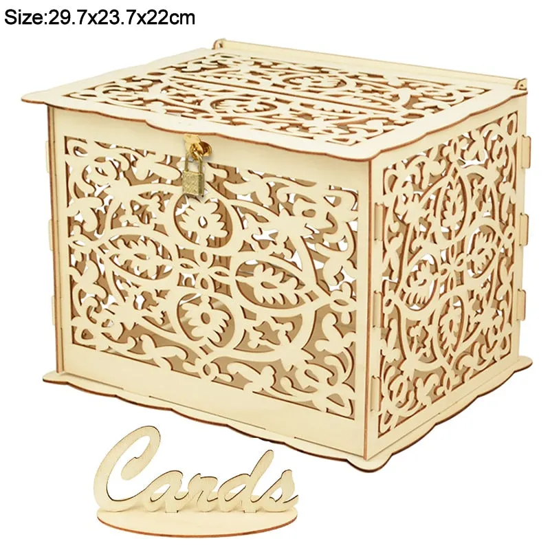 DIY Rustic Wedding Card Invitatin Boxes with Lock and Card Sign Mr&Mrs Wooden Money Gift Box Wedding Favor Decoration Supplies