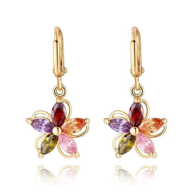 Women plus size clothing Womens Gold Plated Colorful Zircon Crystal Flower Earrings-Nordswear