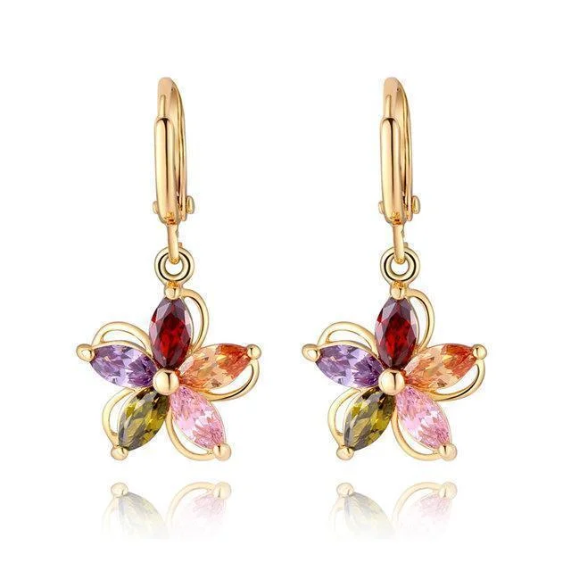 Womens Gold Plated Colorful Zircon Crystal Flower Earrings