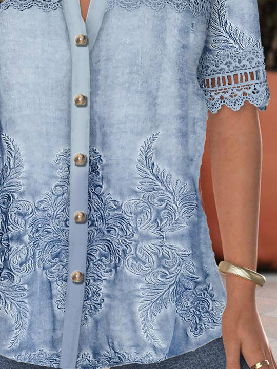 Women's Short Sleeve V-neck Lace Stitching Hollow Graphic Top