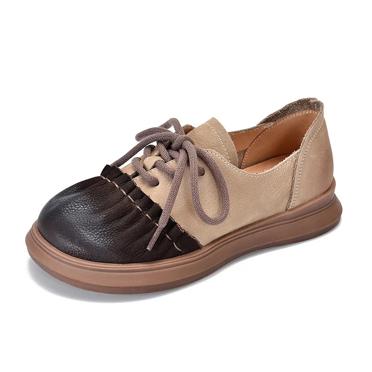 Cowhide Leather Wrinkle Splicing Lace Up Flats