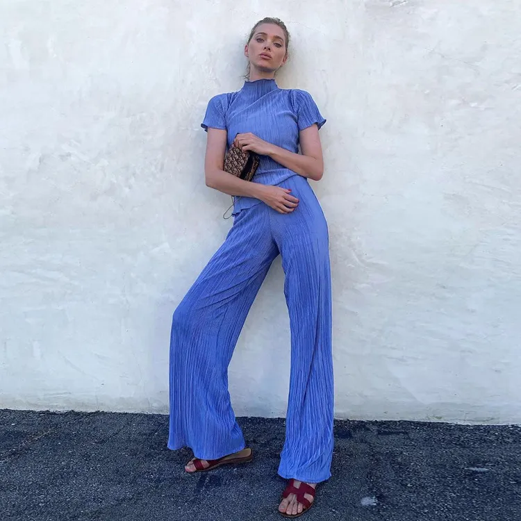 Churchf Churchf 2023 Summer New Thin T-Shirt High Waist Blue Pleated Floor Pants Casual Women's Fashion Suit