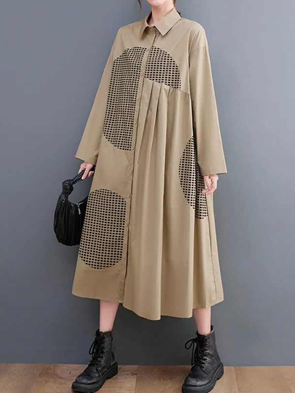 Vintage Loose Long Sleeves Buttoned Printed Polka-Dot Lapel Collar Midi Dresses