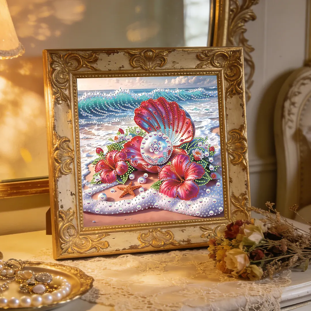 Beach Hibiscus Beaded Decor Special Shaped 5D DIY Partial Drill Diamond Painting Kits for Adults Beginners Home Decor Diamonds Dots Gem Art Kits 11.81 X11.81inch