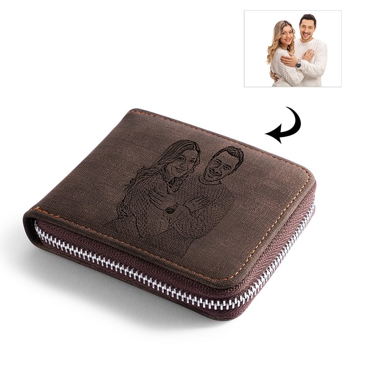 Custom Photo Engraved Wallet With Zipper, Short Style - Reddish Brown Leather