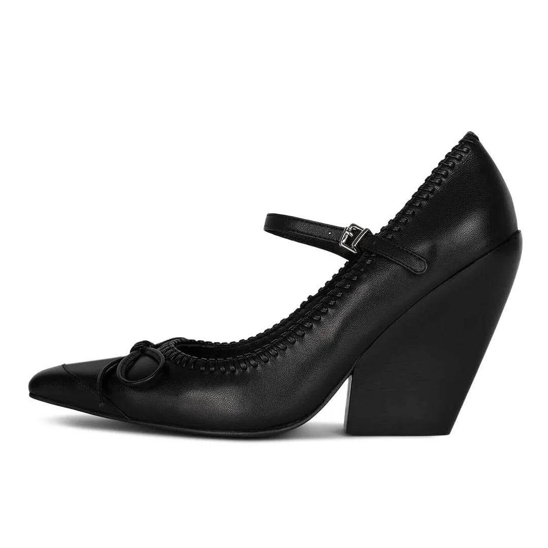 Chunky Heel Buckle Strap Square Toe Bow Mary Jane Shoes in Black