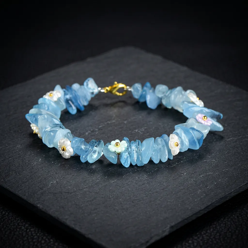 JiStones Handcrafted Natural Gemstone Floral Bracelet - Irregular Crystal Collection Eternal Aquamarine Bloom-Petite Stone Cut (3-7mm)