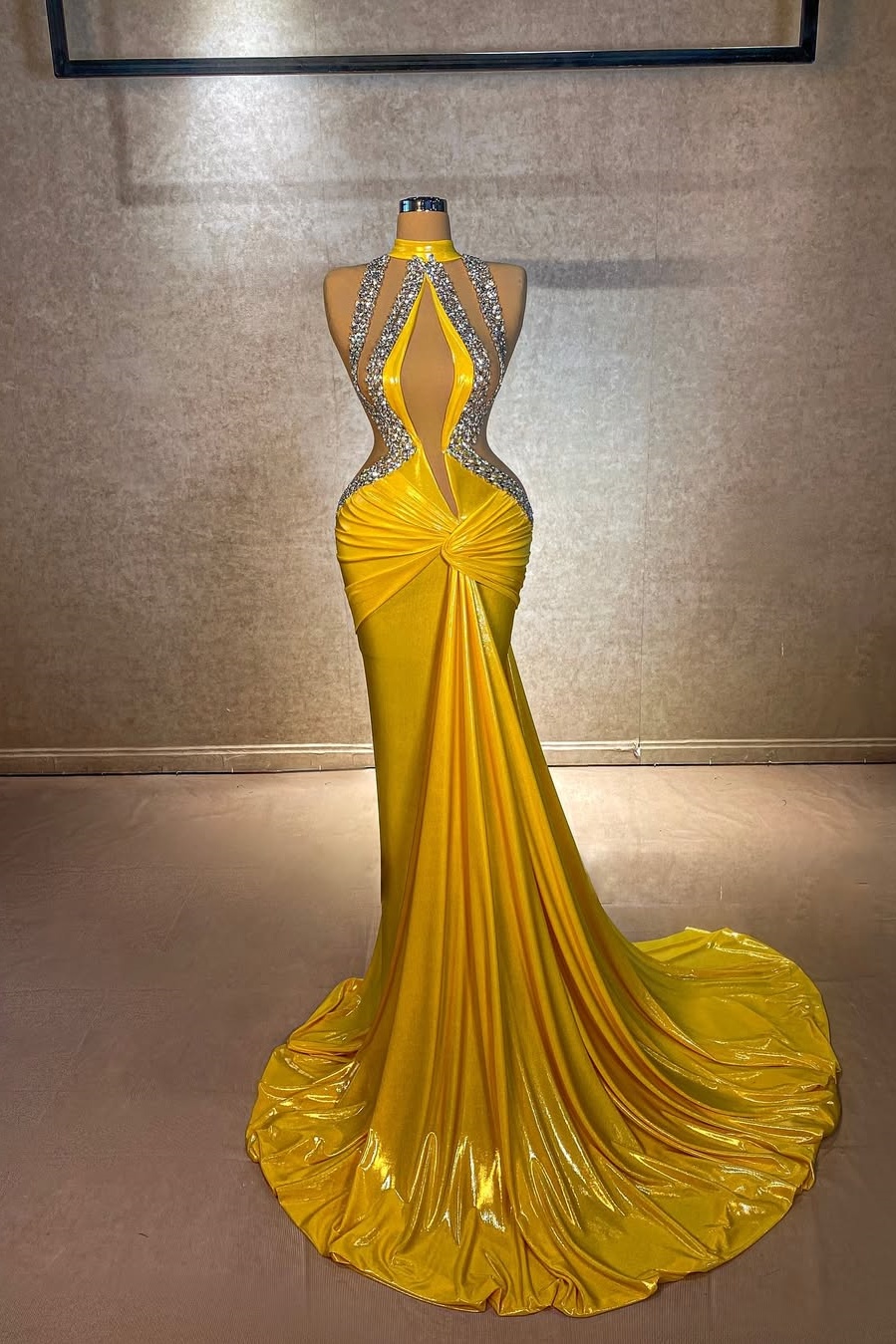 Lisliy Sexy Gold Sleeveless Halter Straps Beads Long Prom Dress 