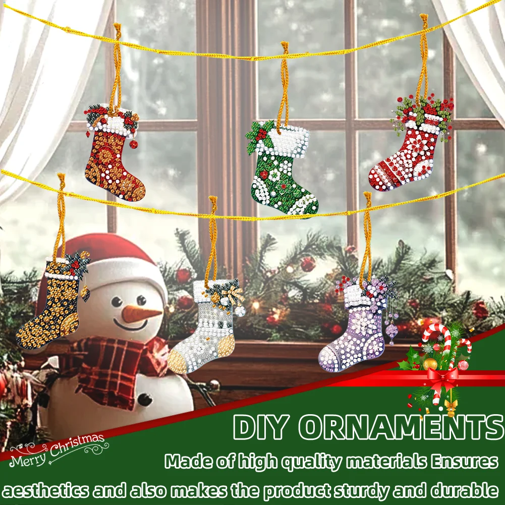 6pcs Xmas Stockings 2D Flat DIY Diamond Art Pendant Wall Door Decoration