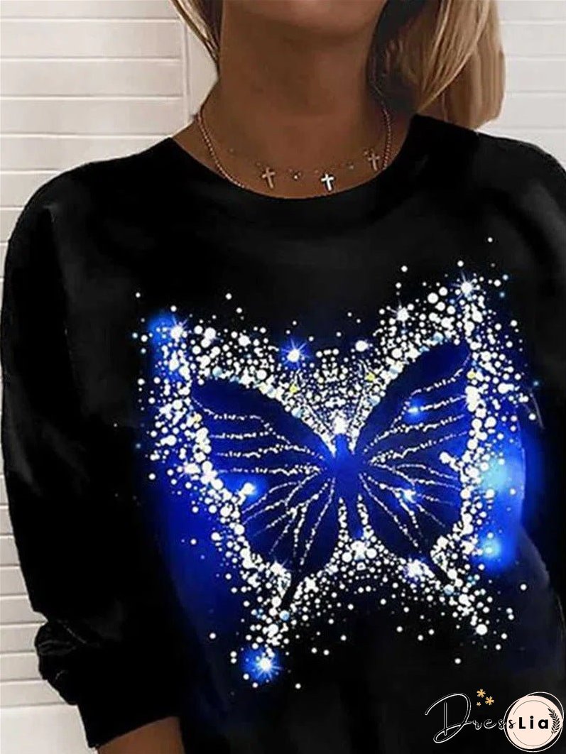 Women's T-Shirts Butterfly Print Round Neck Long Sleeve T-Shirt