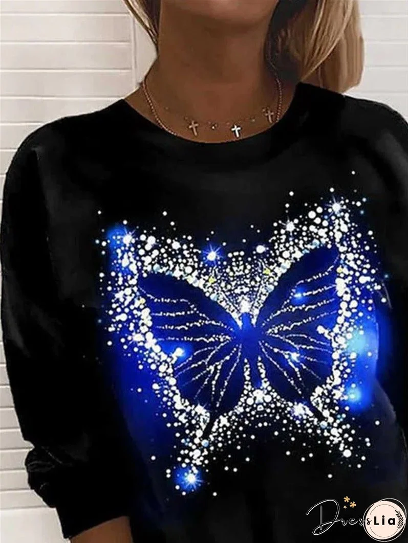 Women's T-Shirts Butterfly Print Round Neck Long Sleeve T-Shirt