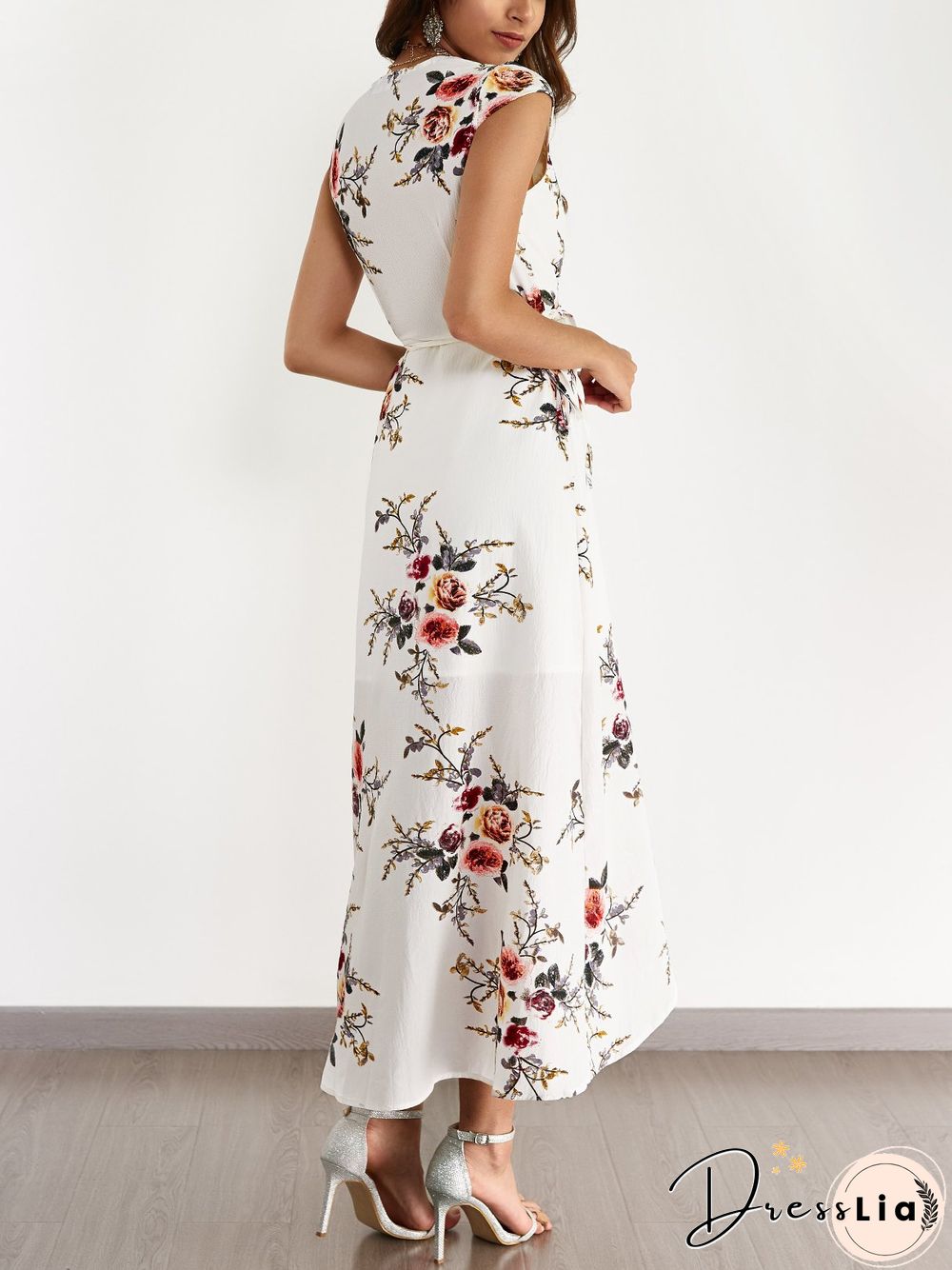 White V-Neck Random Floral Print Self-Tie Dress