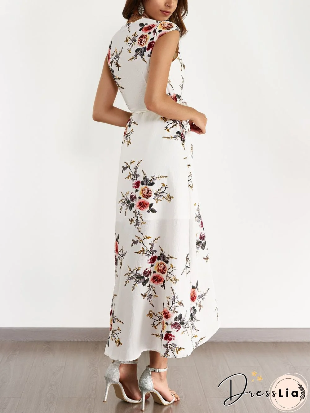 White V-Neck Random Floral Print Self-Tie Dress