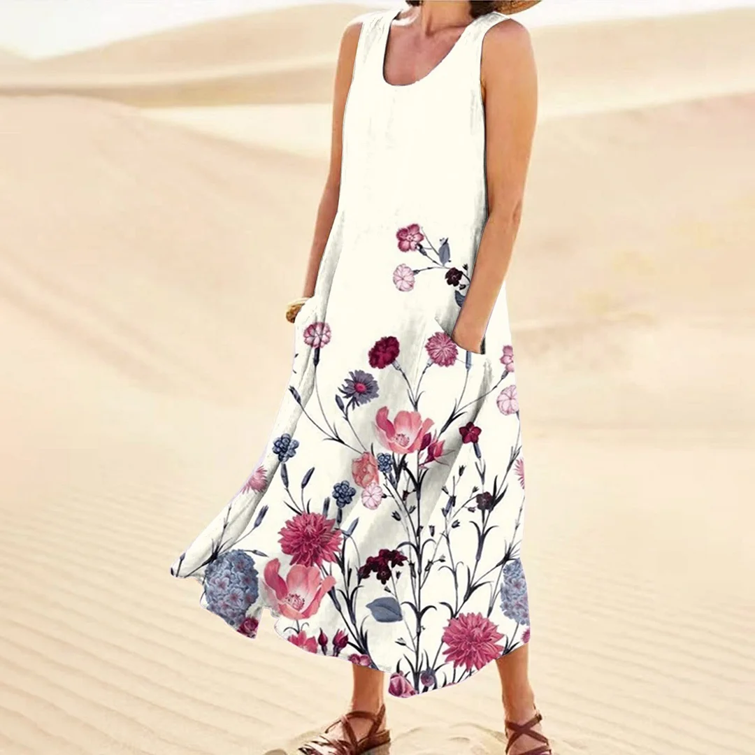 Women  Deep V-neck Midi Dress Summer Beach Sundress Printed Sleeveless Casual Daliy Boho Long Maxi Dress Vestidos De Verano