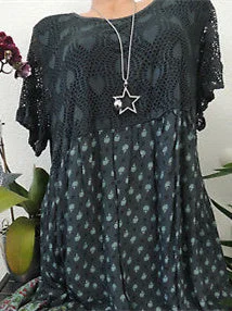 Women Short Sleeve Scoop Neck Floral Printed Lace Stitching Tops