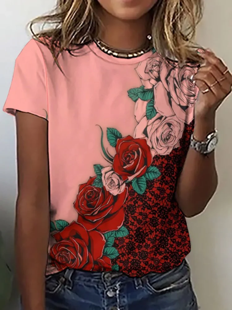 Printed Short Sleeve Casual T-shirt for  Women and Men Unisex Pattern Floral, Red, Rose, Pink