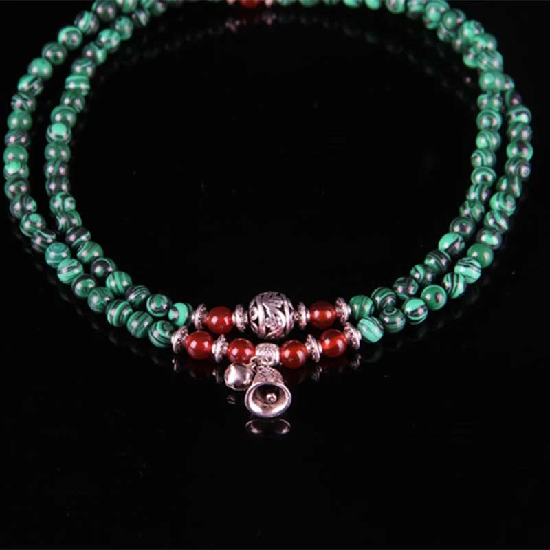 Tibetan 108 Beads Malachite Red Agate Bell Protection Bracelet Necklace Mala
