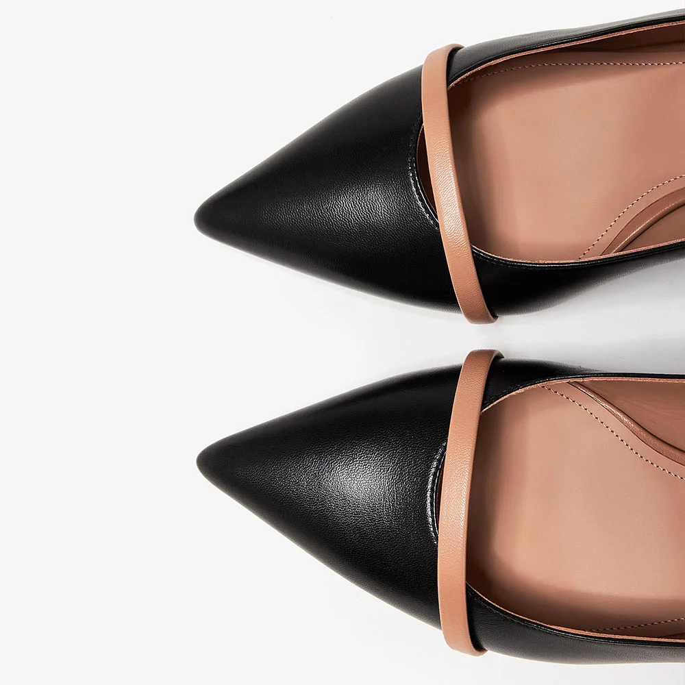 Black Vegan Leather Kitten Heel Slingback Pumps with Pointed Toe