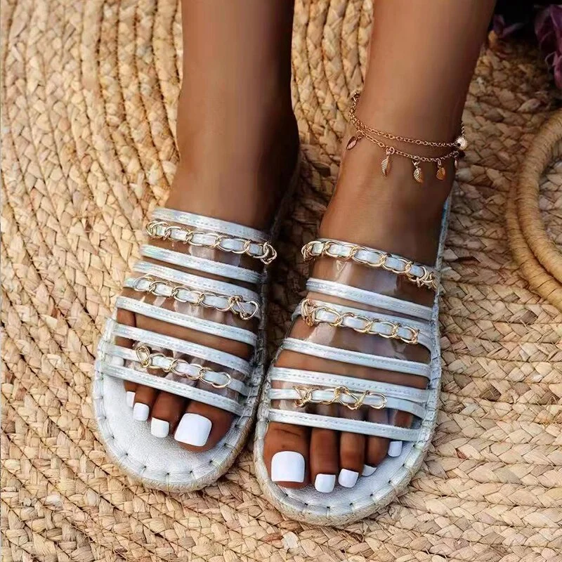 Qjong Slippers Chain Flats Women Sandals 2022 Summer New Fashion Rome Transparent Ladies Slides Female Shoes Beach Dress Flip Flops
