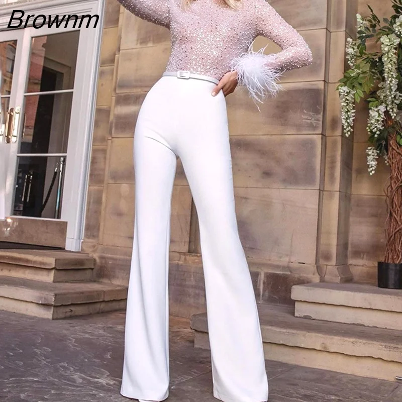Brownm Romper Women Elegant Sexy Slim Overalls Fashion Feather Sequin Beads Stitching Party Jumpsuit With Belt