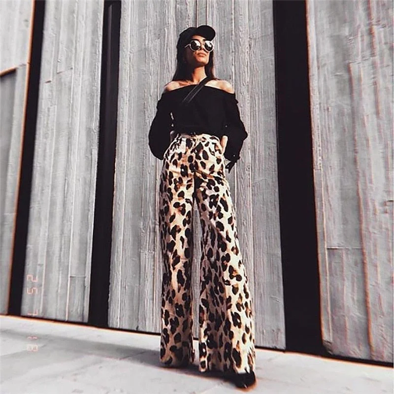 Fashion Women High Waist Flared Wide Leg Pants Sexy Leopard Print Trousers Office Lady Work Pants Casual Palazzo Long Trousers