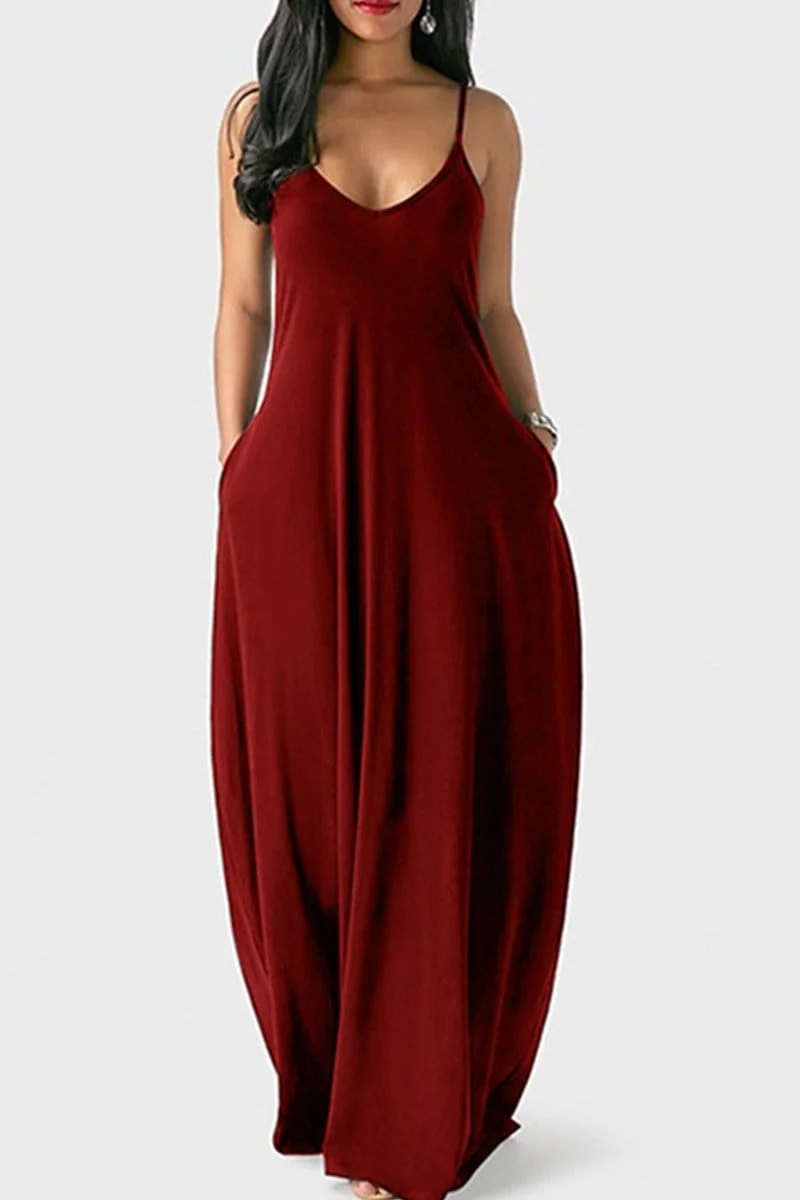 Sexy Sling V Neck Solid Maxi Dress