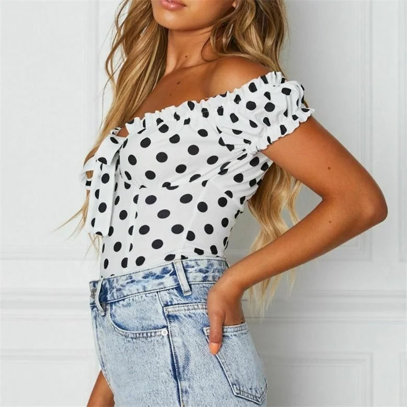 Women Summer Casual Off Shoulder Blouse New Lady Vintage Polka Dot Short Sleeve Shirt Slash Neck Blouses 2019