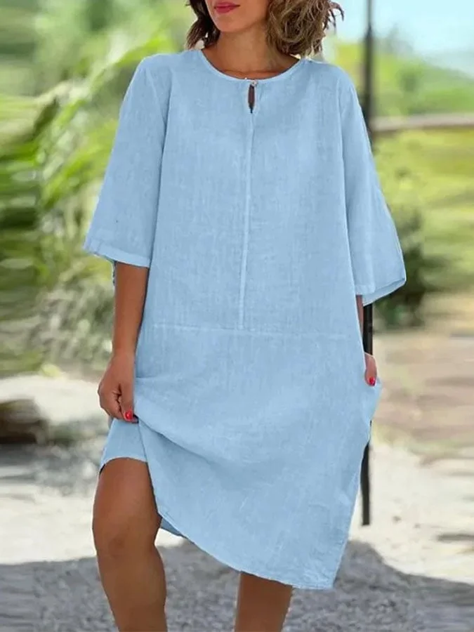 Women's Casual Solid Color Round Neck Loose Pocket Cotton and Linen Half Sleeve Dress