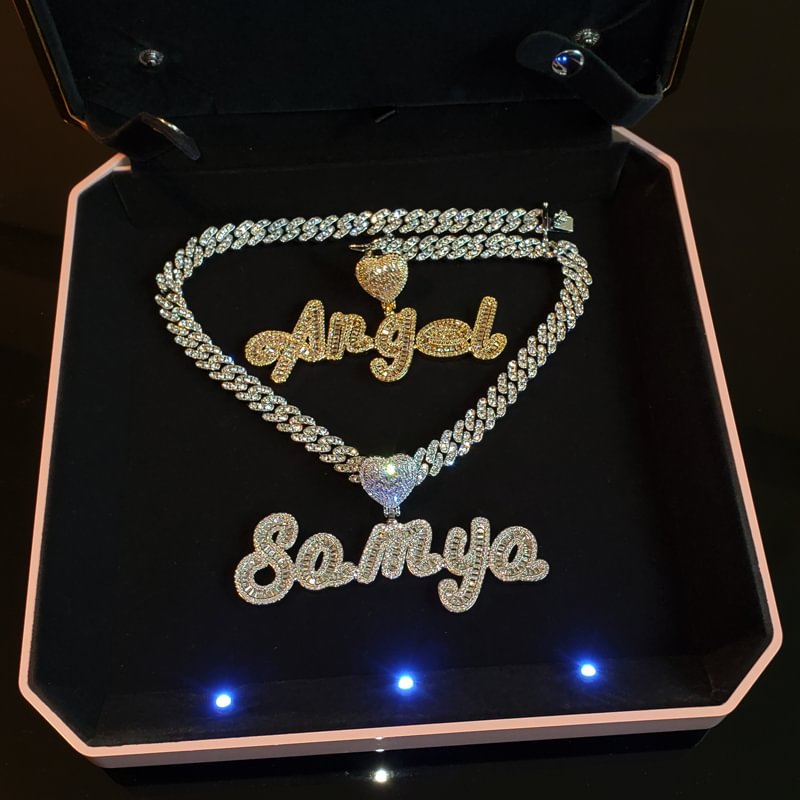 Custom Name Iced Out Heart Pendant Necklace-VESSFUL