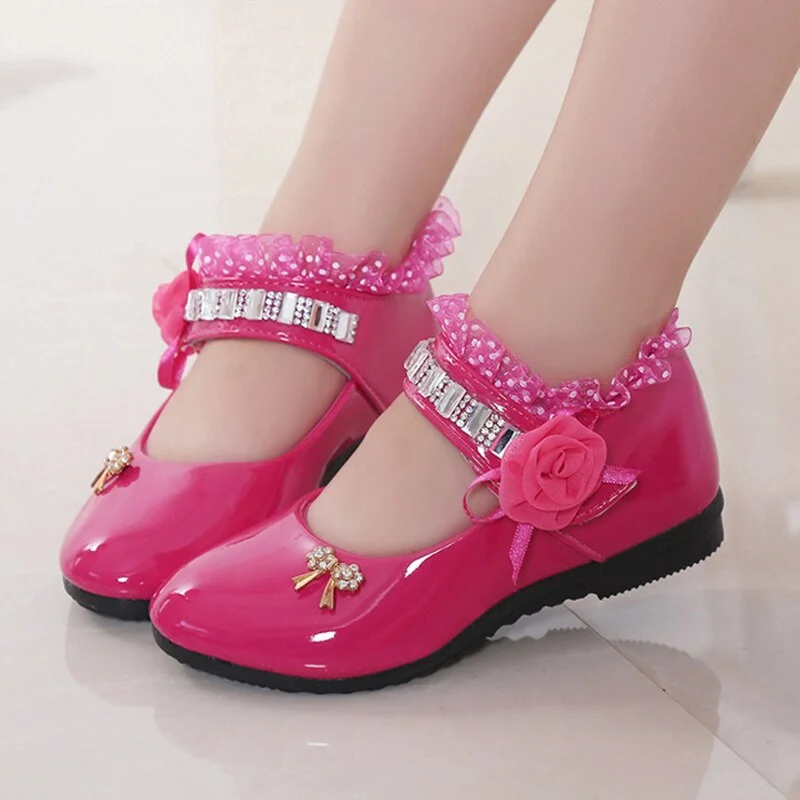 Flower Girls Shoes Spring Autumn Princess Lace PU Leather Shoes Cute Bowknot Rhinestone for 3-11 Ages Toddler Shoes