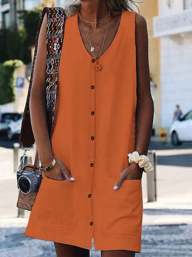 Buttoned Pockets Plain Crew Neck Shift Daily Casual Dresses Zaesvini