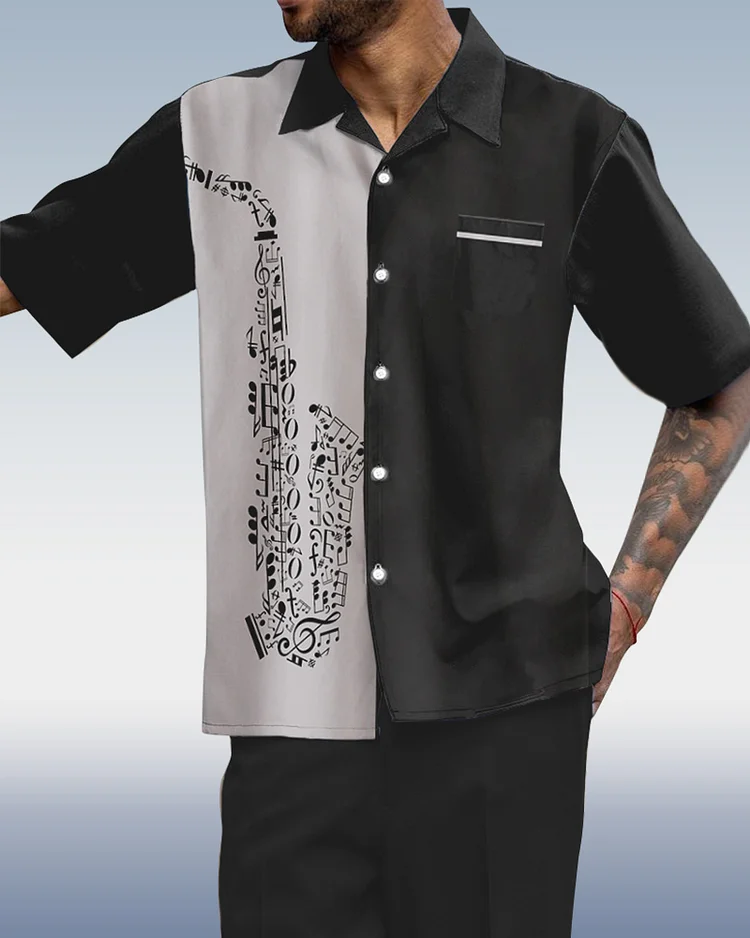 Black Music Print Short Sleeve Walking Suit