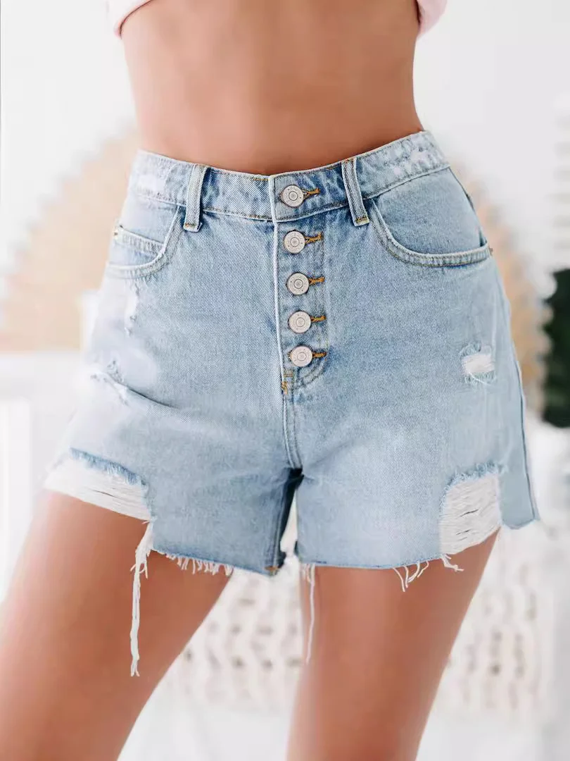 Women's 2024 Ripped High Waist Breasted Button Girls Short Jeans