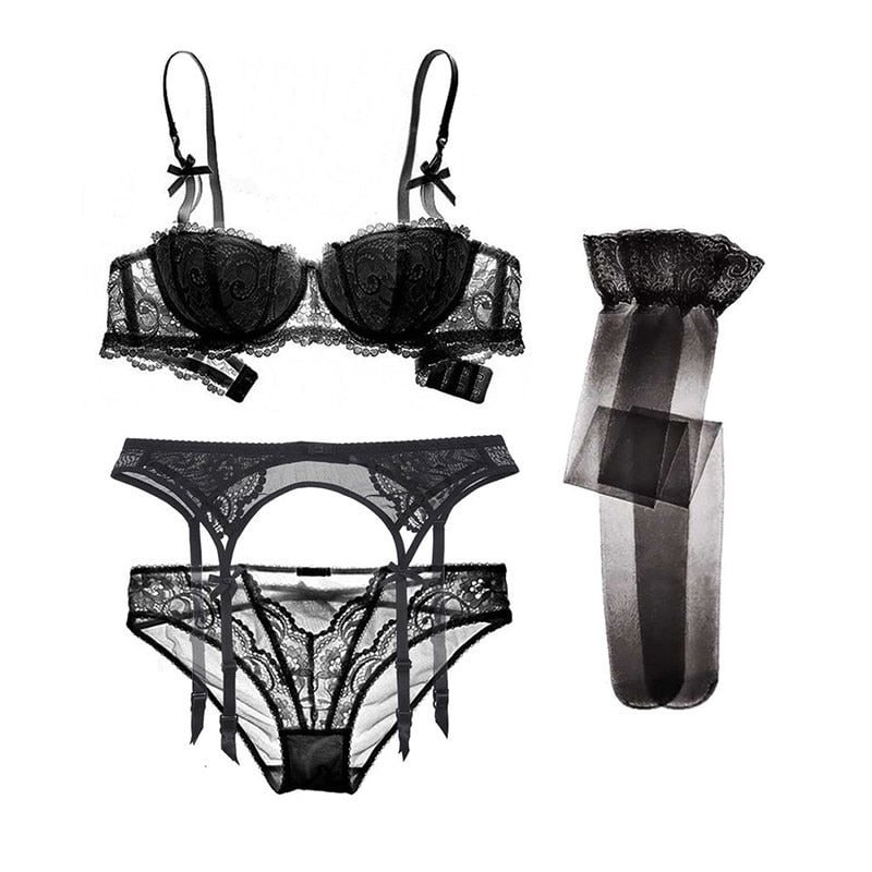 Varsbaby Sexy Bow Underwire Half Cup Push Up Bra Set 4Pcs Bra+Panties+Garter+Stockings For Ladies