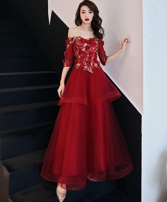Burgundy Sweetheart Tulle Lace Prom Dress, Lace Evening Dress