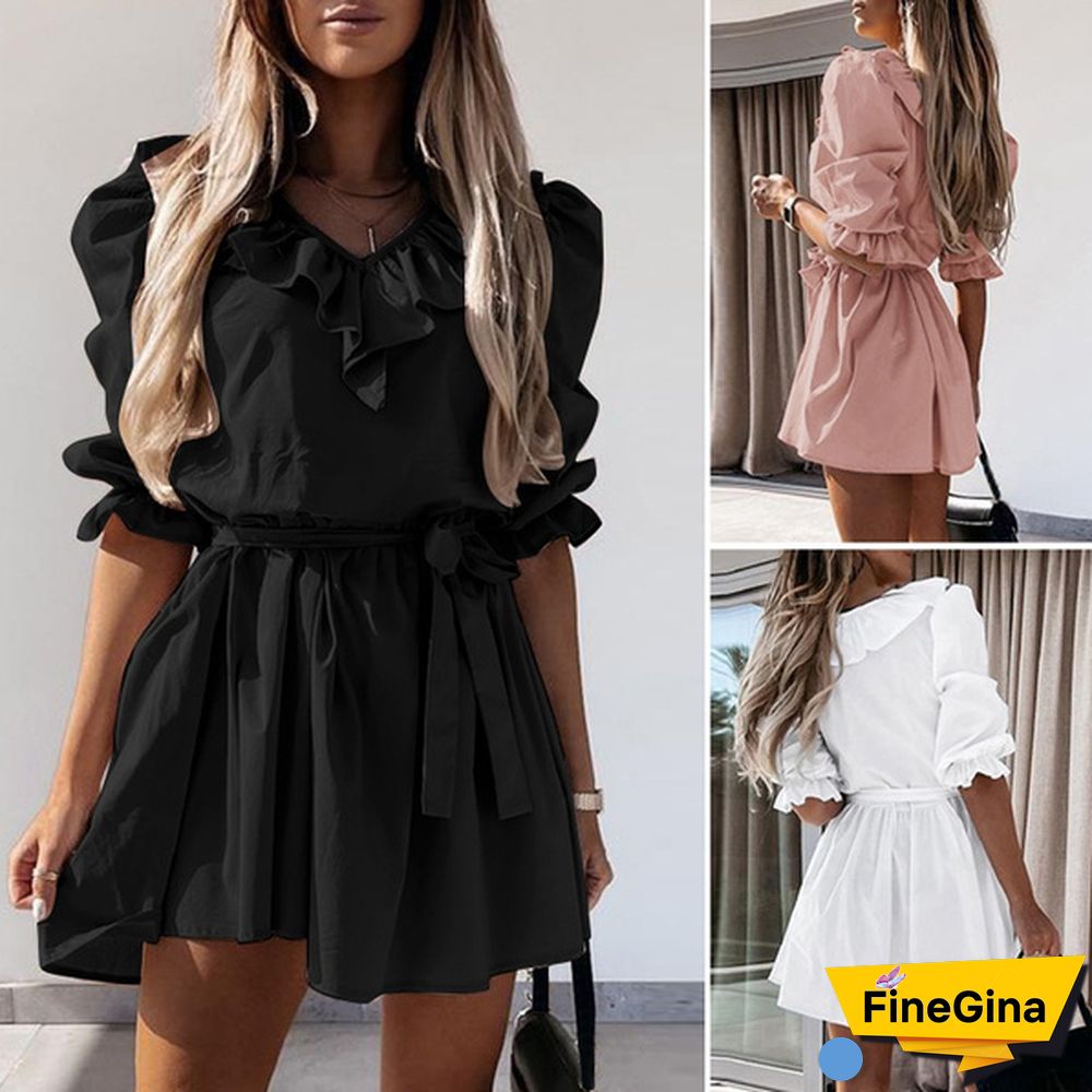 Summer Women Vintage Casual Plain Half Sleeve Neck Sundress Party Ruffle Elastic Waist