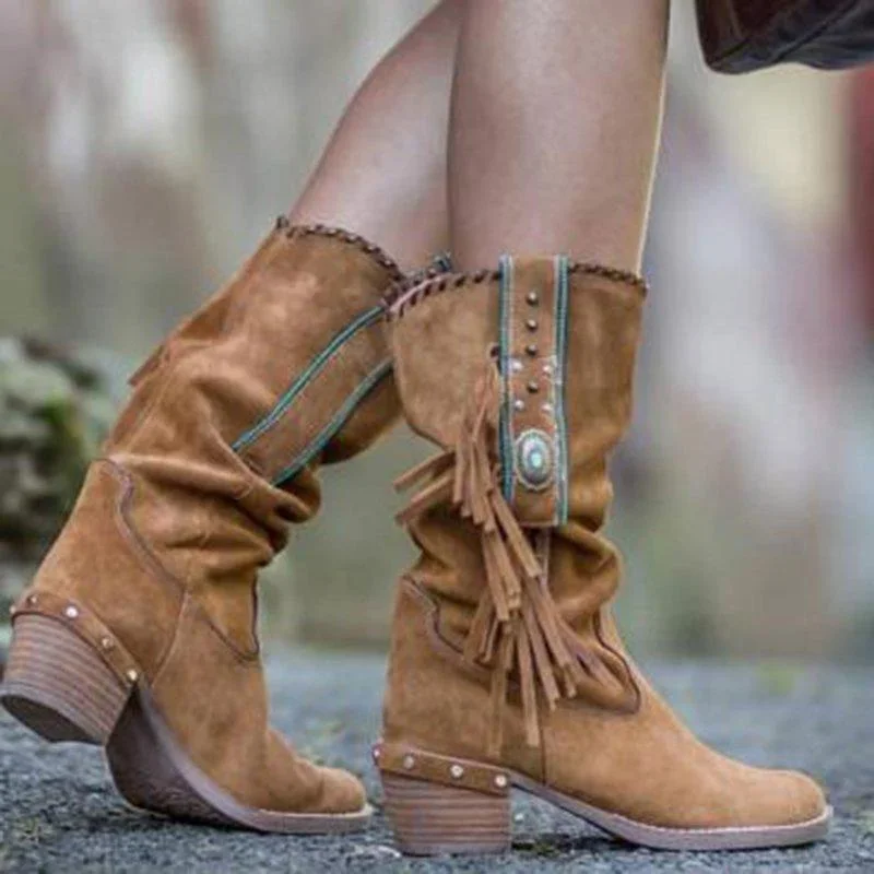 Women Fringed Suede Mid-Calf Boots