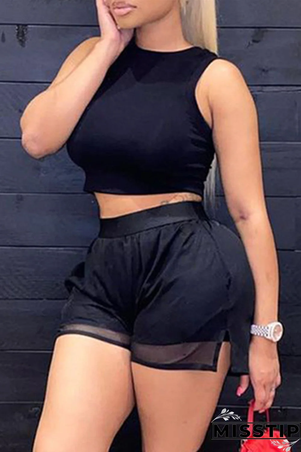 Burgundy Fashion Casual Solid Patchwork O Neck Sleeveless Two Pieces