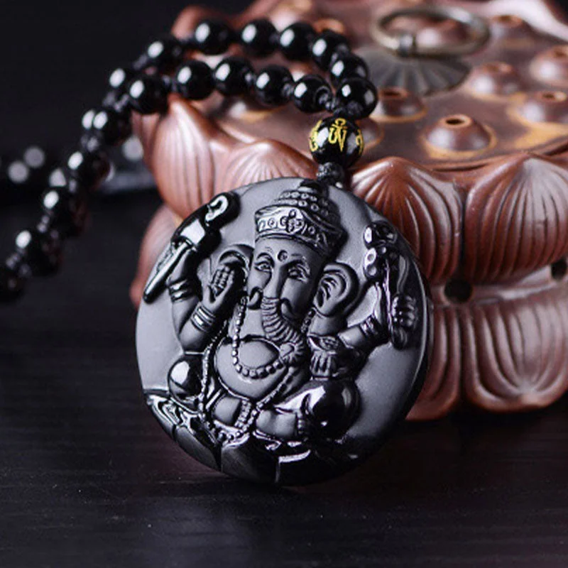 Black Obsidian Ganesh Ganpati Elephant Protection Pendant Necklace