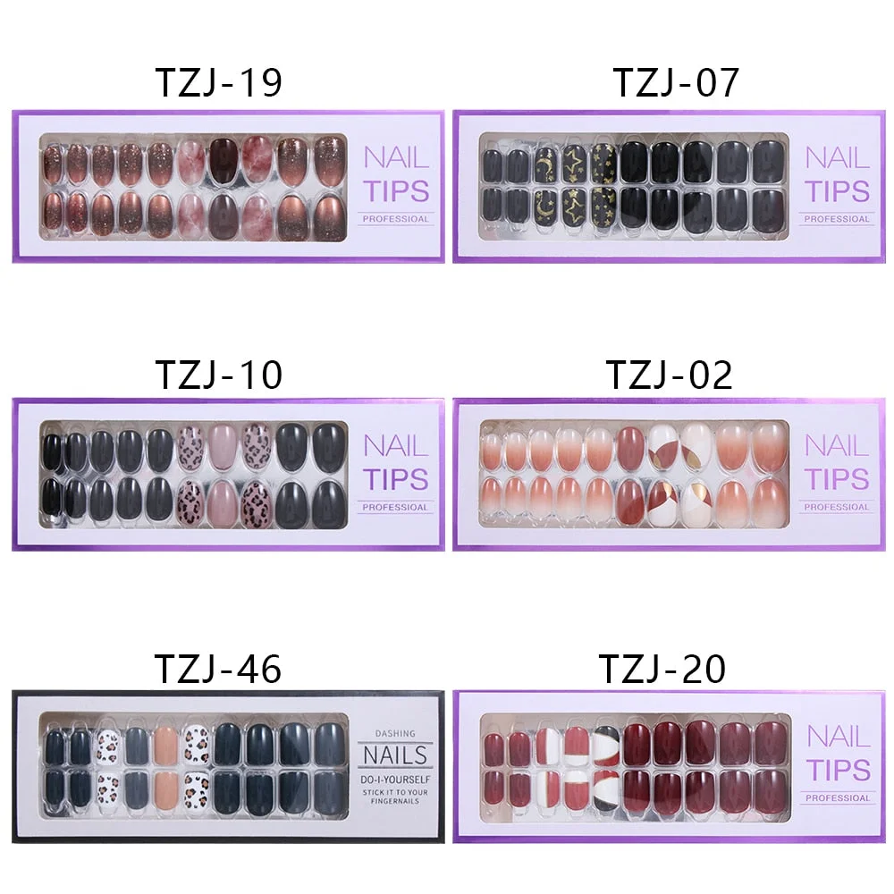 24/30Pcs/Set Reusable False Nail Tips Set Full Cover Shiny Matte Nail Tips With Designs Press On Nails Art Fake Extension Tips-Nail Inspo