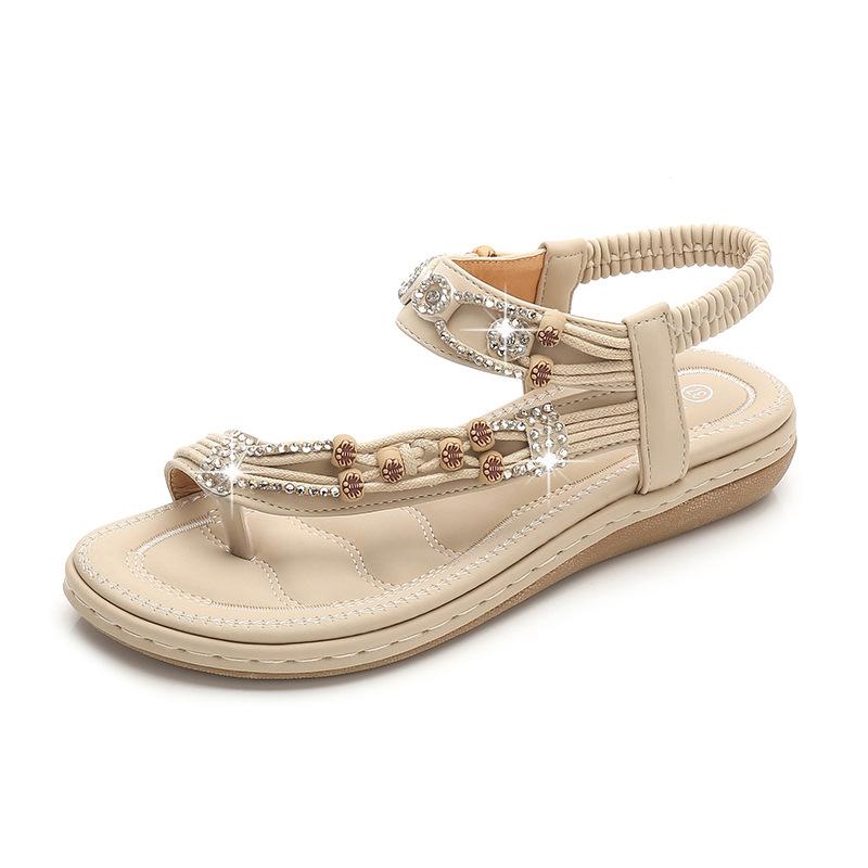 Women's boho beads rhinestone ring toe sandals elastic ankle strap sandals