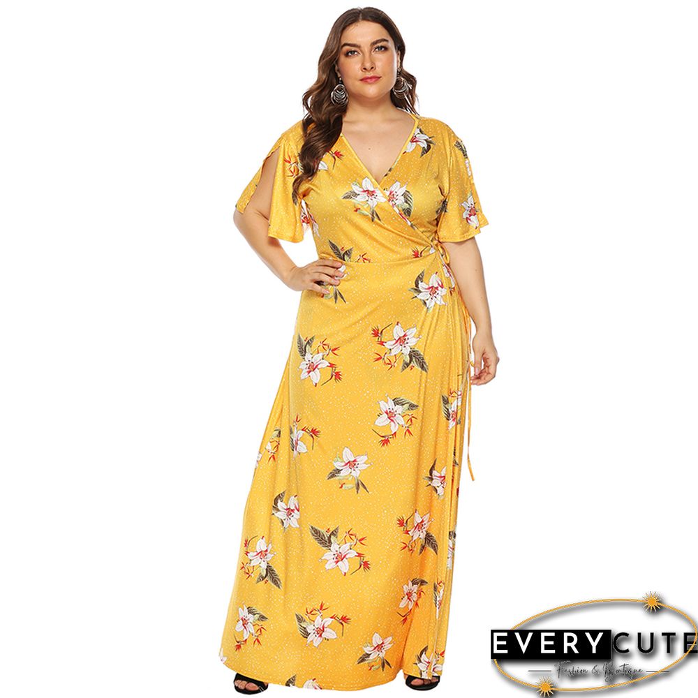 Yellow Floral Print Short Sleeve Plus Size Maxi Dress