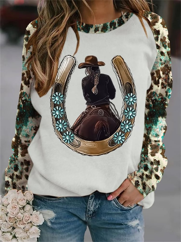 Cowgirl Horseshoe Leopard Patch Casual Sweatshirt