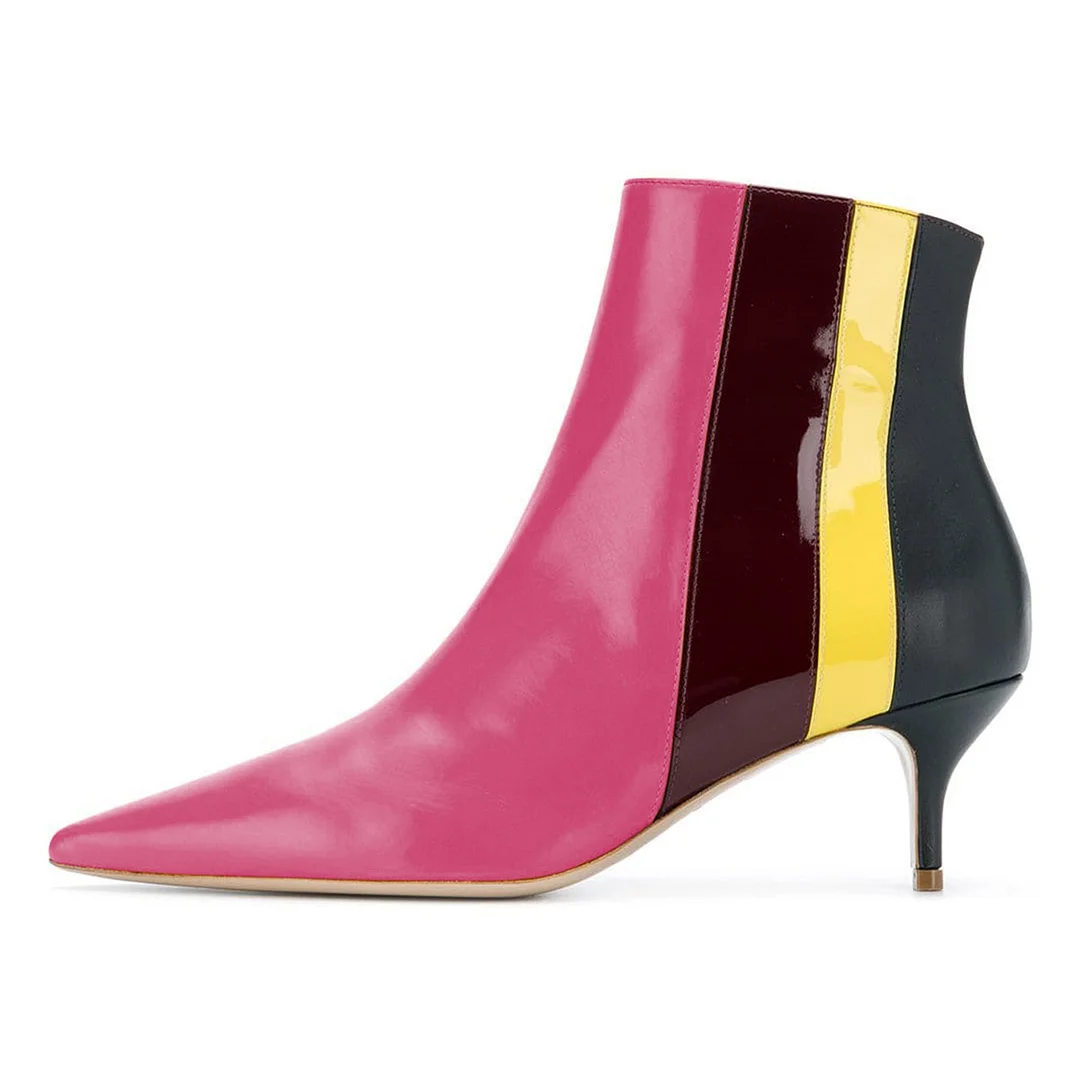 YDN Pointed Toe Zipper Kitten Heel Hot Pink Ankle Boots with Stripes