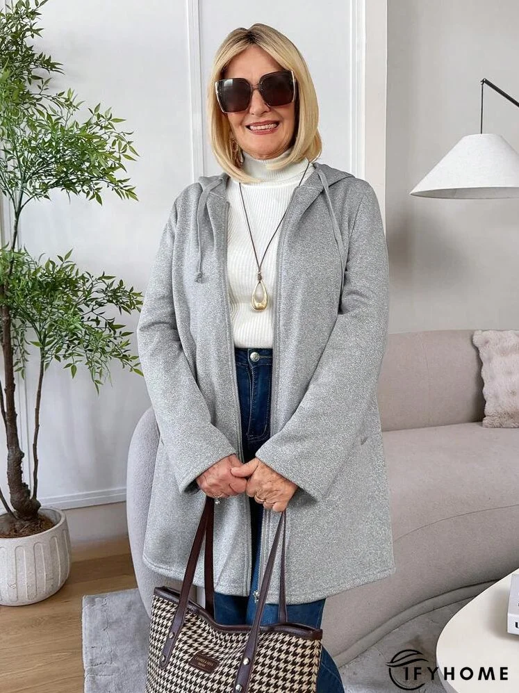 Women's Plain Pocket Hooded Zip-Up Long Sleeve Jacket | IFYHOME