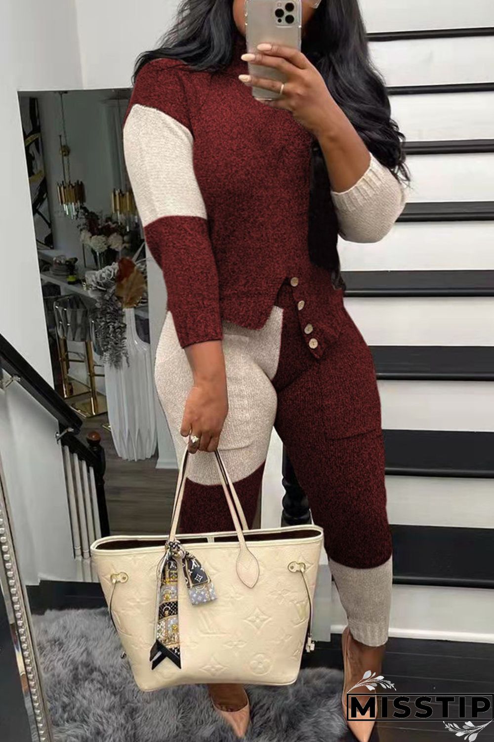 Black Fashion Casual Patchwork Asymmetrical O Neck Long Sleeve Two Pieces