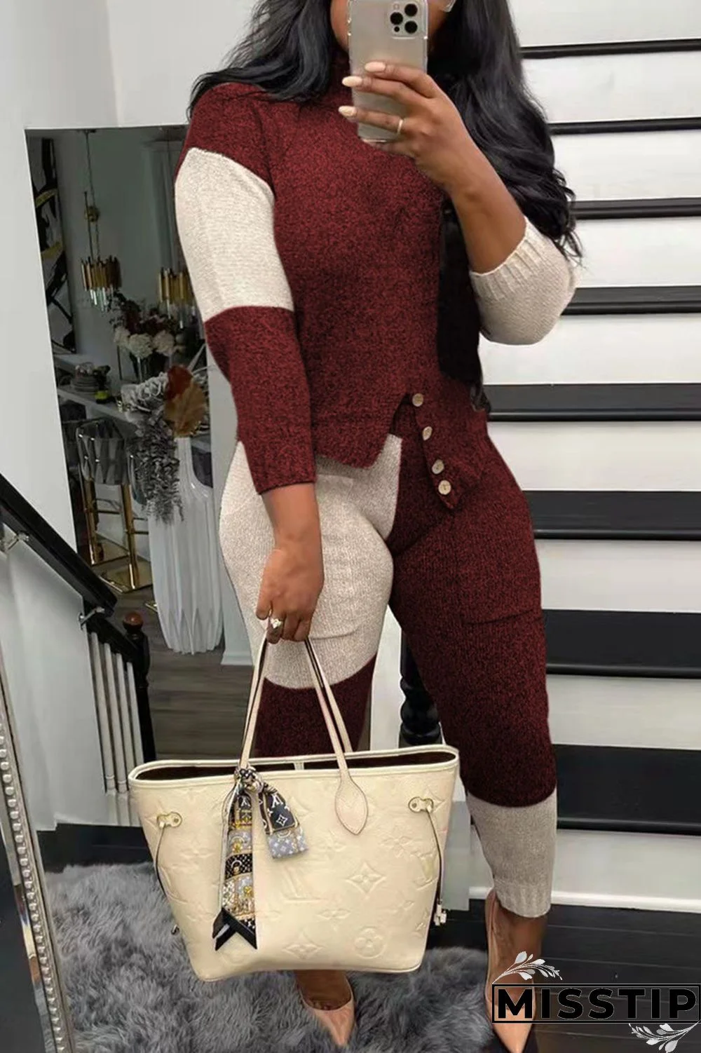 Black Fashion Casual Patchwork Asymmetrical O Neck Long Sleeve Two Pieces