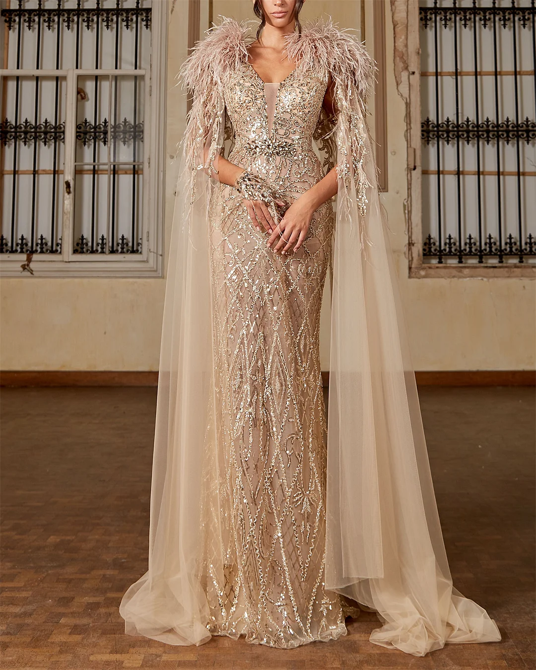 Women's Shawl Mesh Embroidered Sequin Dress