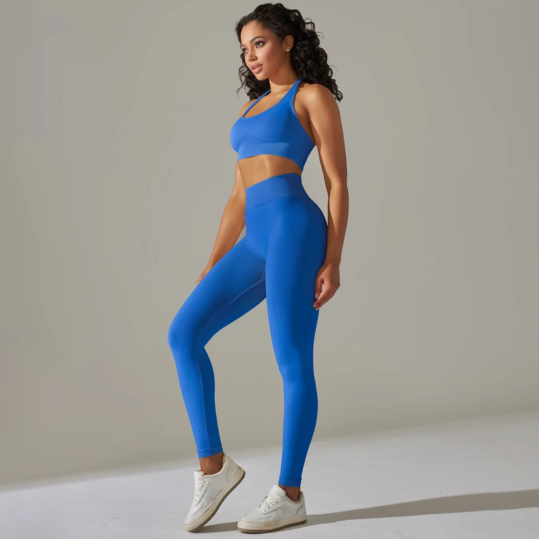 Seamless solid color halterneck sports bra + sports leggings 2-piece set
