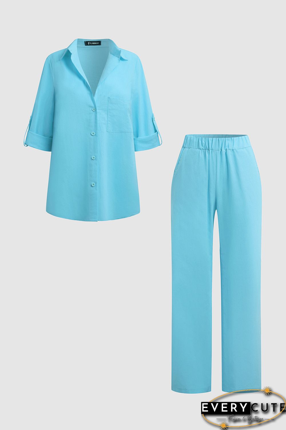 Button Up Roll Tab Sleeve Shirt & Pants Set